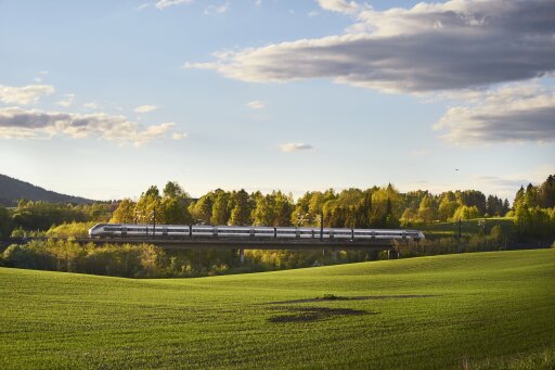 Flytoget i fart, grønt landskap